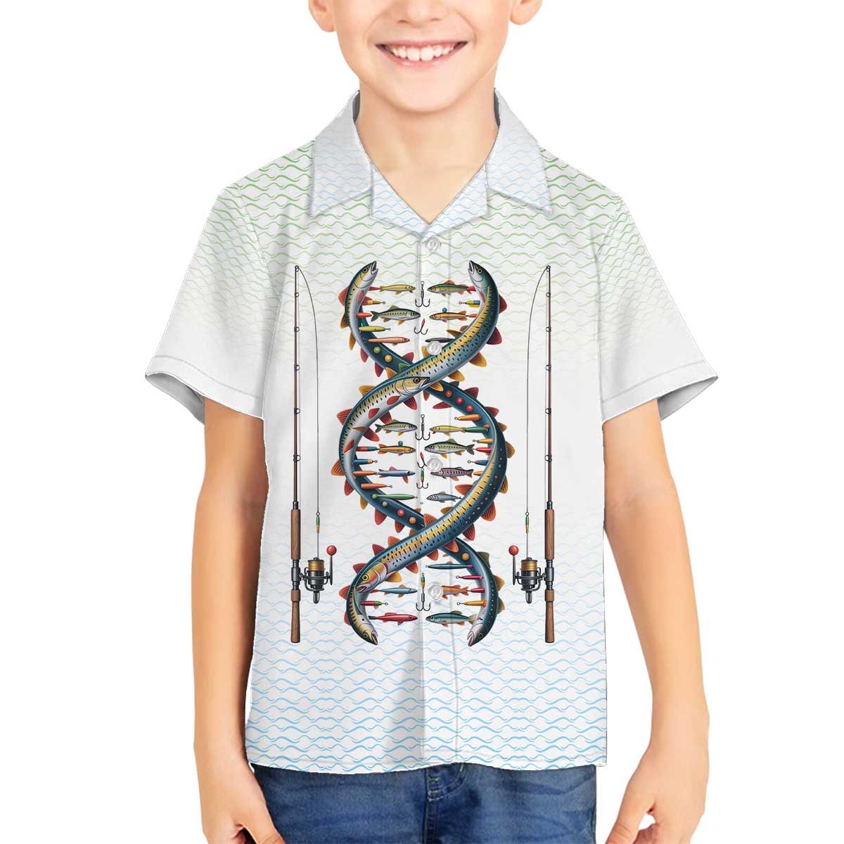 Fishing DNA Family Matching Off The Shoulder Long Sleeve Dress and Hawaiian Shirt Colorful Fish Illustrations on White Scale For Fisherman - Wonder Print Shop