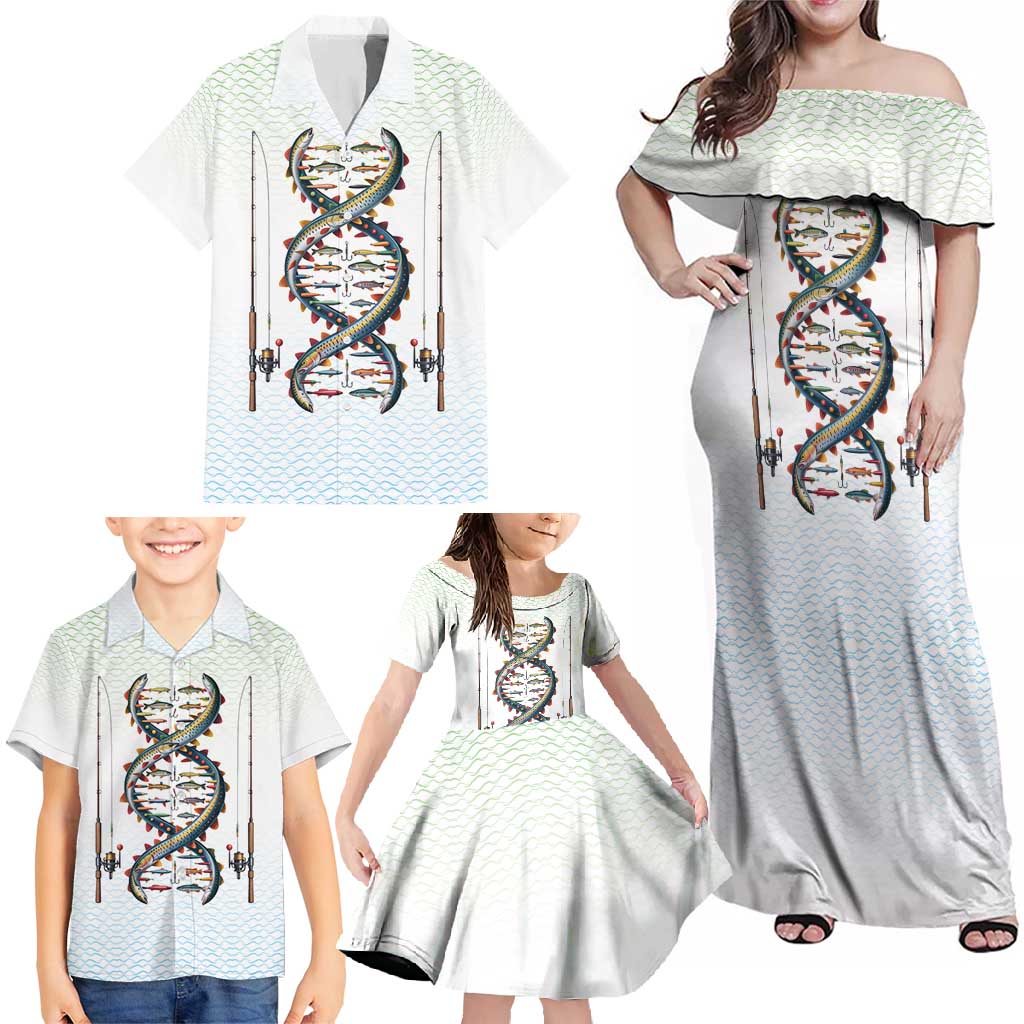 Fishing DNA Family Matching Off Shoulder Maxi Dress and Hawaiian Shirt Colorful Fish Illustrations on White Scale For Fisherman - Wonder Print Shop