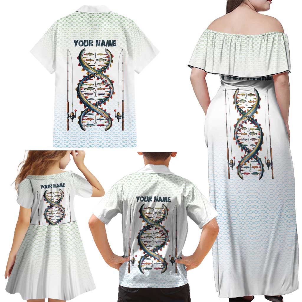 Fishing DNA Family Matching Off Shoulder Maxi Dress and Hawaiian Shirt Colorful Fish Illustrations on White Scale For Fisherman - Wonder Print Shop