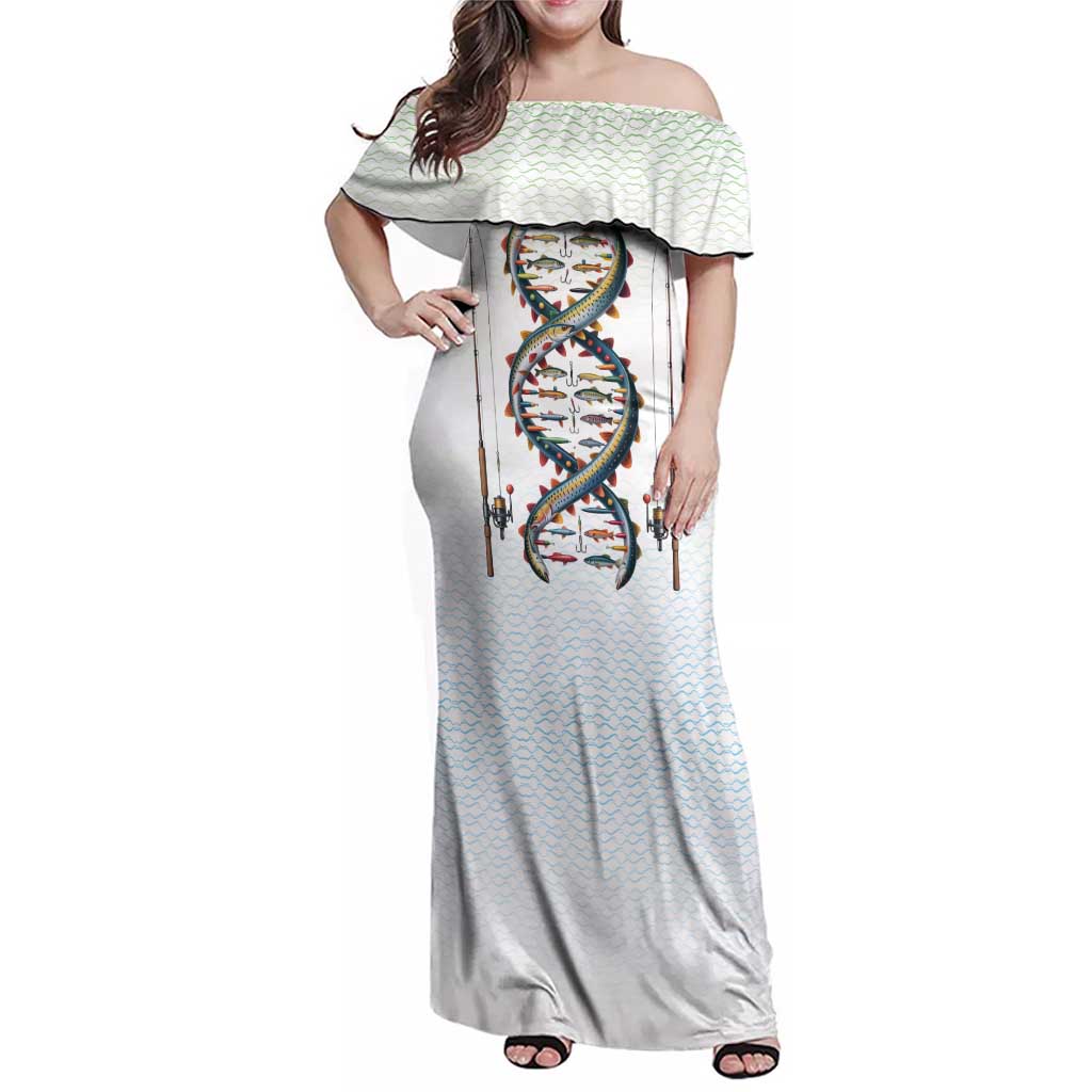 Fishing DNA Family Matching Off Shoulder Maxi Dress and Hawaiian Shirt Colorful Fish Illustrations on White Scale For Fisherman - Wonder Print Shop