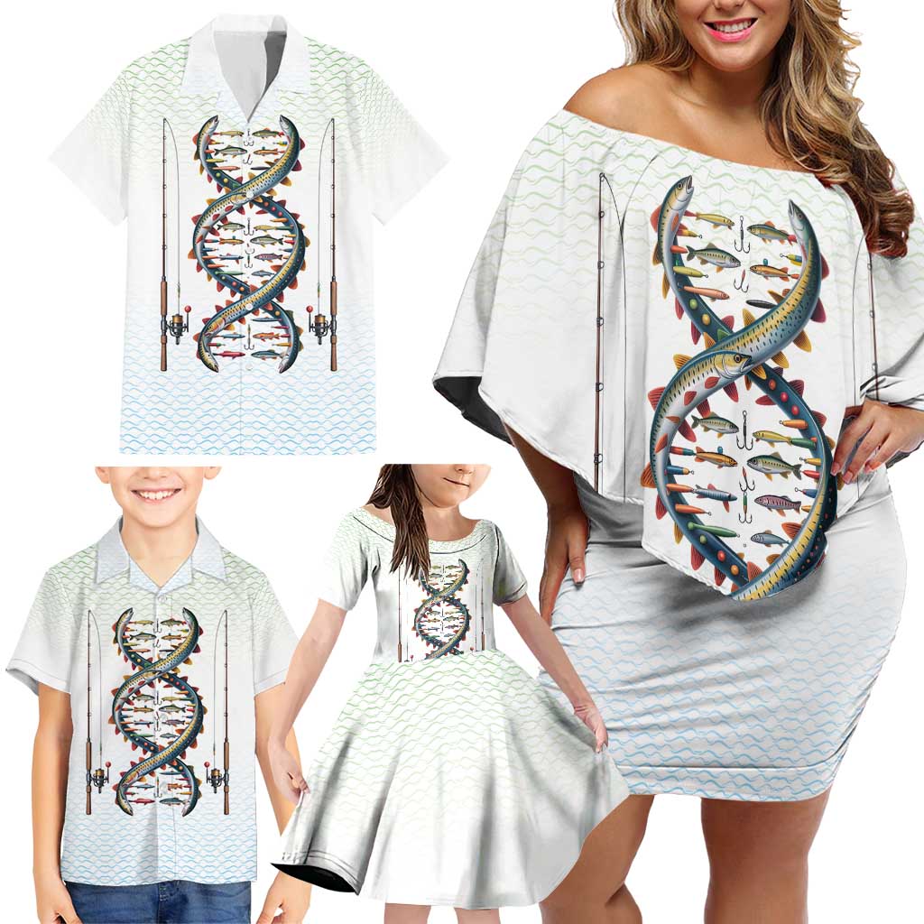 Fishing DNA Family Matching Off Shoulder Short Dress and Hawaiian Shirt Colorful Fish Illustrations on White Scale For Fisherman - Wonder Print Shop