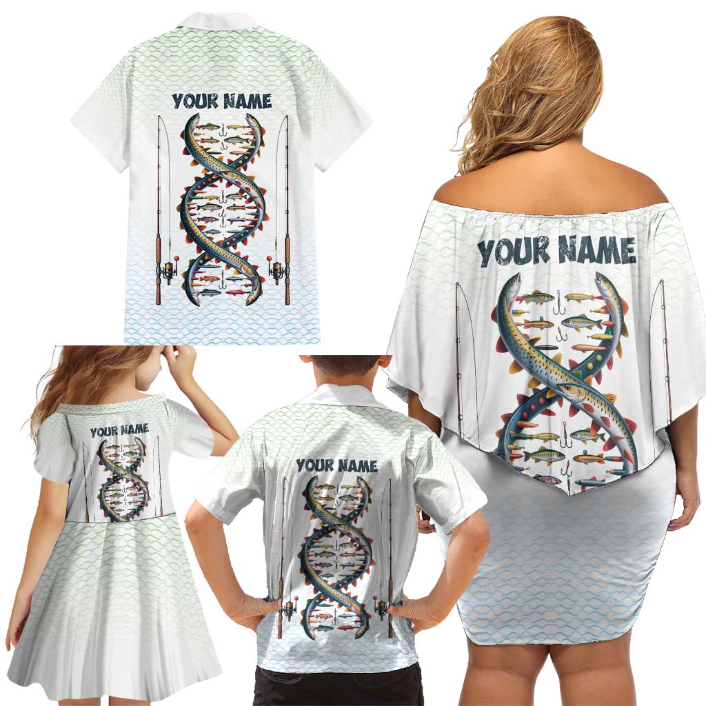 Fishing DNA Family Matching Off Shoulder Short Dress and Hawaiian Shirt Colorful Fish Illustrations on White Scale For Fisherman - Wonder Print Shop