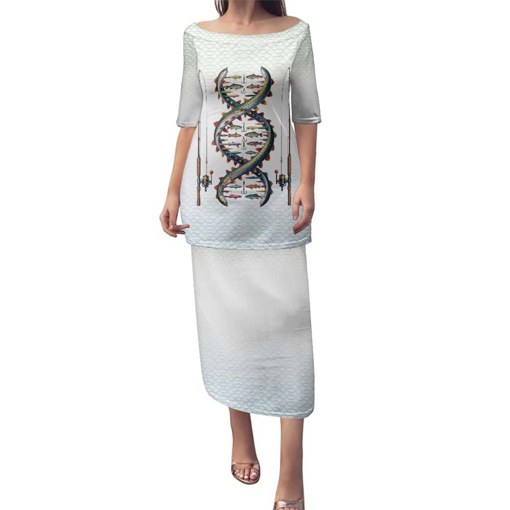 Fishing DNA Family Matching Puletasi and Hawaiian Shirt Colorful Fish Illustrations on White Scale For Fisherman - Wonder Print Shop