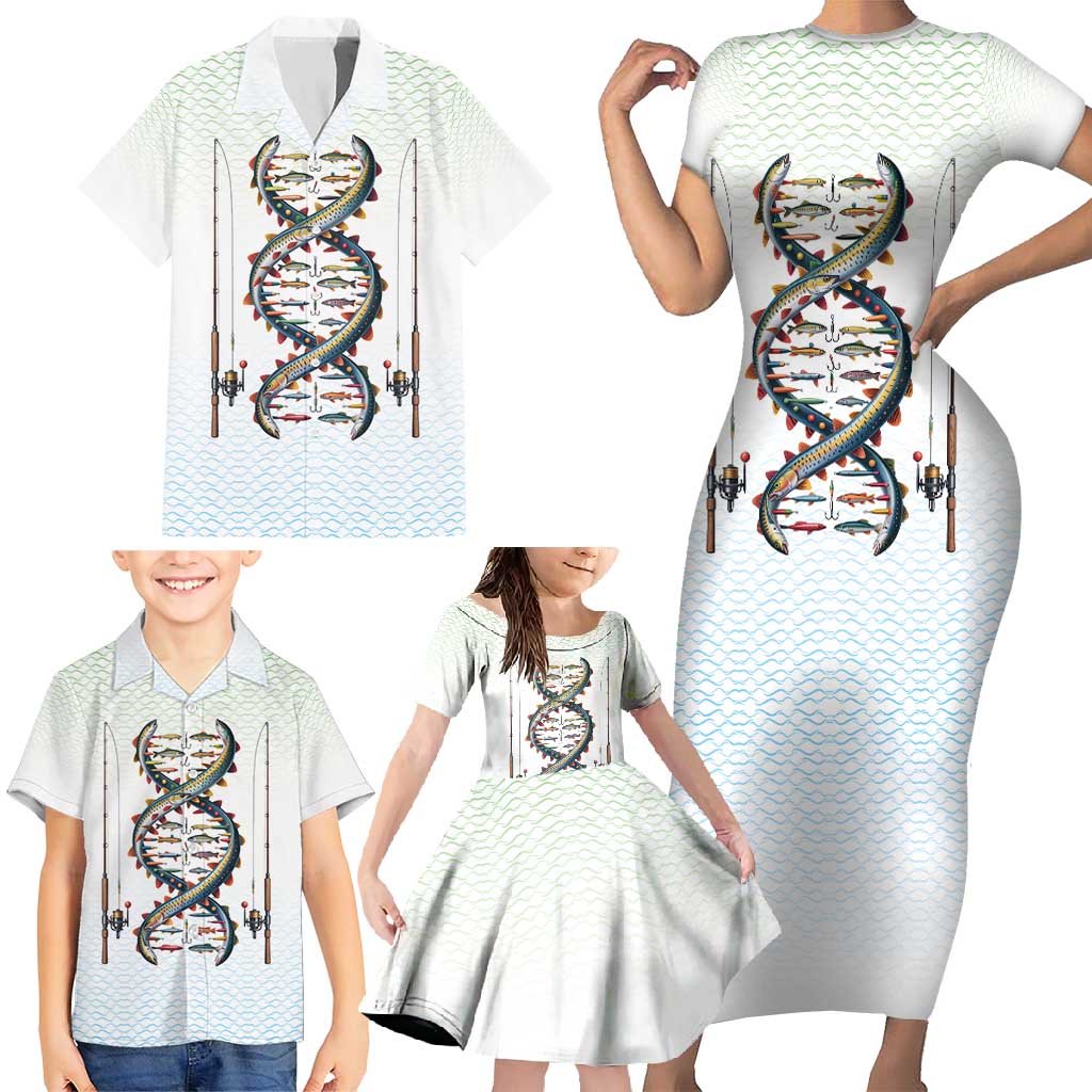 Fishing DNA Family Matching Short Sleeve Bodycon Dress and Hawaiian Shirt Colorful Fish Illustrations on White Scale For Fisherman - Wonder Print Shop
