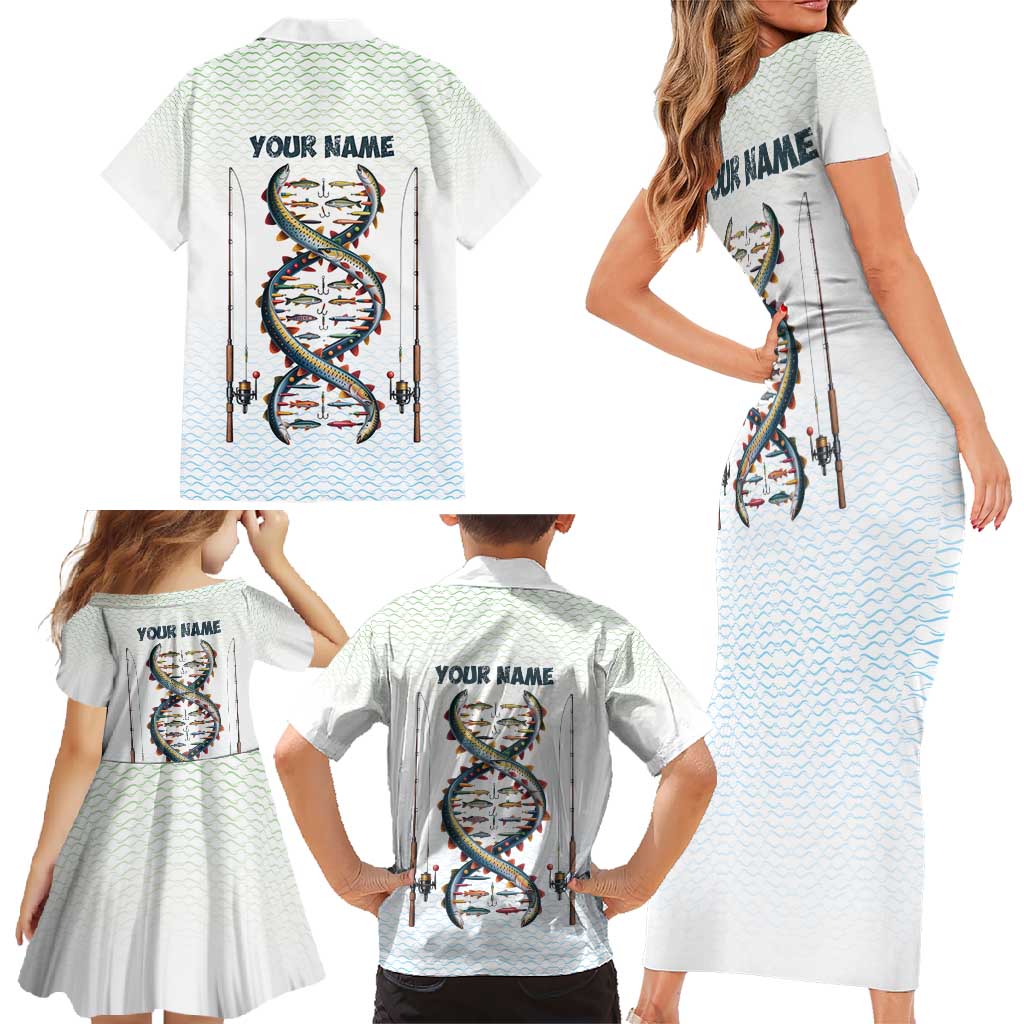Fishing DNA Family Matching Short Sleeve Bodycon Dress and Hawaiian Shirt Colorful Fish Illustrations on White Scale For Fisherman - Wonder Print Shop