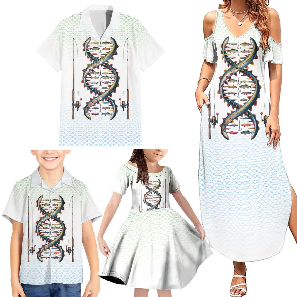 Fishing DNA Family Matching Summer Maxi Dress and Hawaiian Shirt Colorful Fish Illustrations on White Scale For Fisherman - Wonder Print Shop