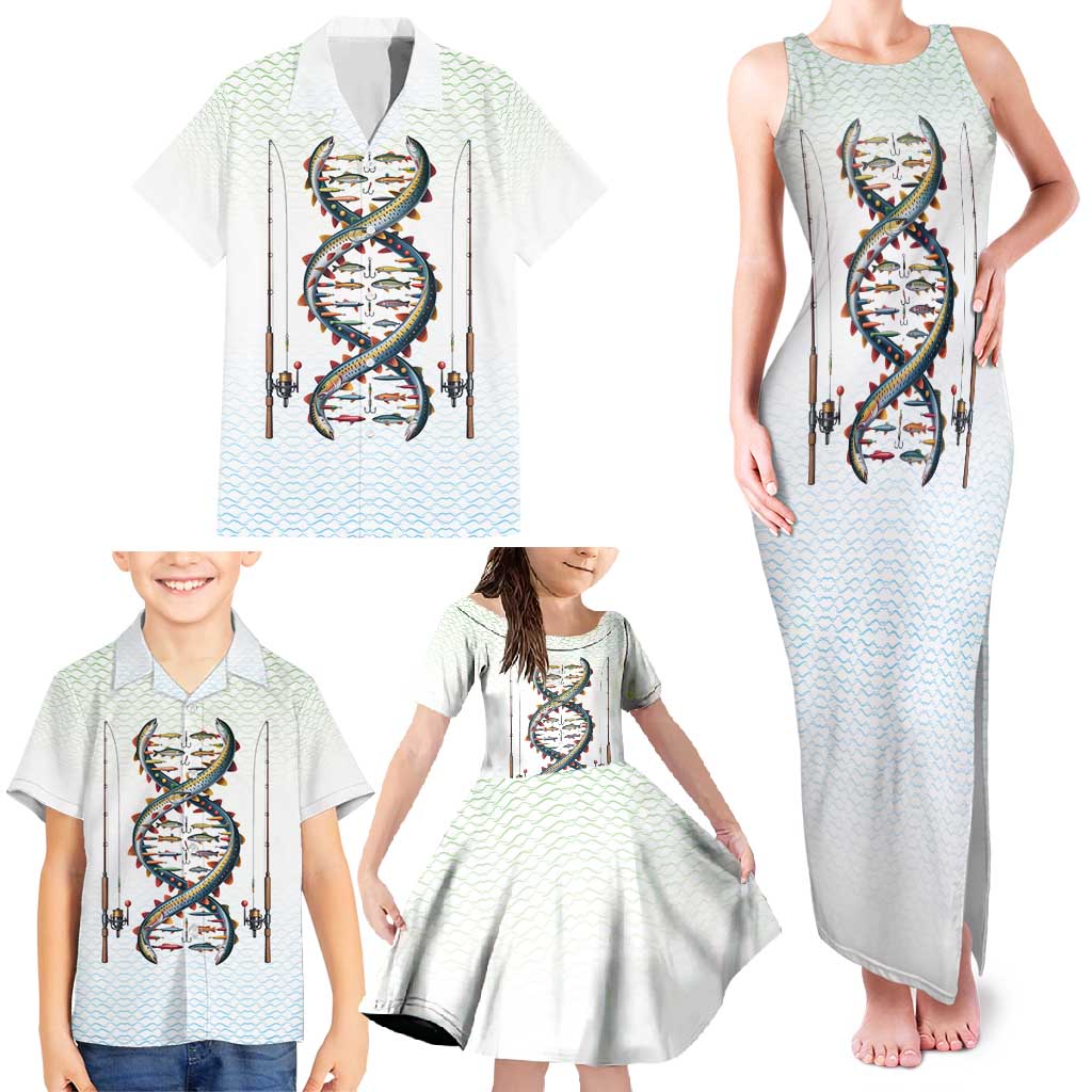 Fishing DNA Family Matching Tank Maxi Dress and Hawaiian Shirt Colorful Fish Illustrations on White Scale For Fisherman - Wonder Print Shop