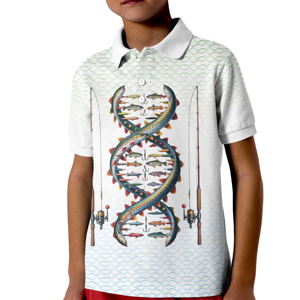 Fishing DNA Kid Polo Shirt Colorful Fish Illustrations on White Scale For Fisherman - Wonder Print Shop