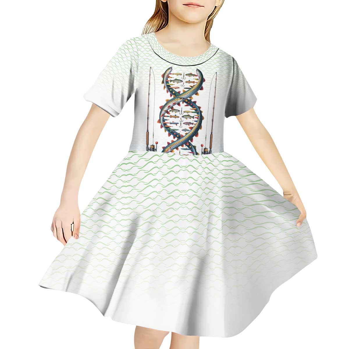 Fishing DNA Kid Short Sleeve Dress Colorful Fish Illustrations on White Scale For Fisherman - Wonder Print Shop