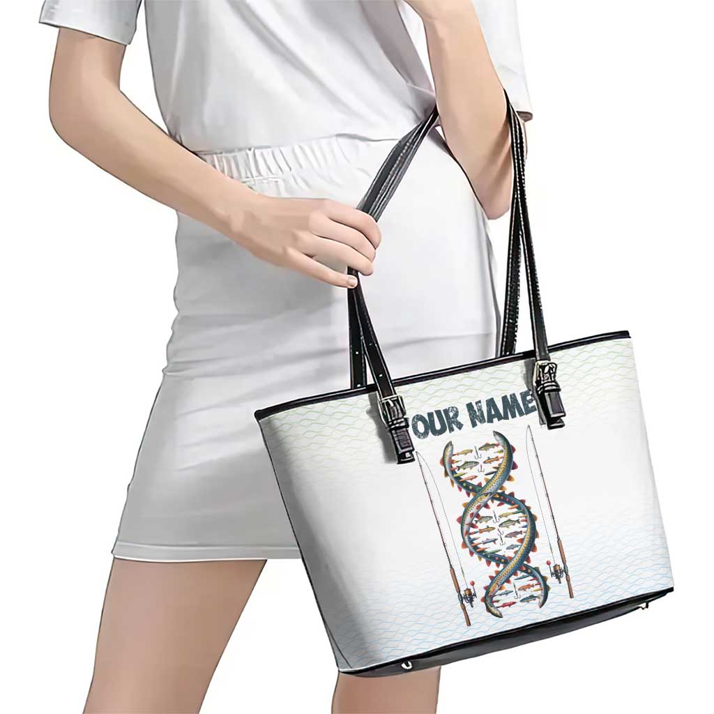 Fishing DNA Leather Tote Bag Colorful Fish Illustrations on White Scale For Fisherman - Wonder Print Shop