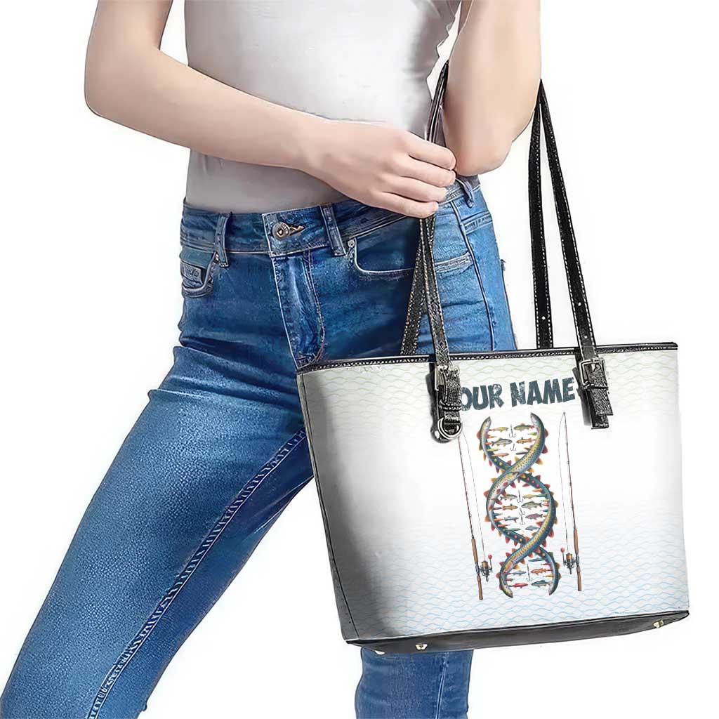 Fishing DNA Leather Tote Bag Colorful Fish Illustrations on White Scale For Fisherman - Wonder Print Shop