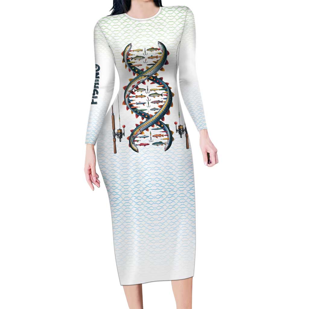 Fishing DNA Long Sleeve Bodycon Dress Colorful Fish Illustrations on White Scale For Fisherman - Wonder Print Shop