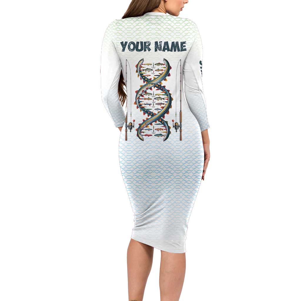 Fishing DNA Long Sleeve Bodycon Dress Colorful Fish Illustrations on White Scale For Fisherman - Wonder Print Shop
