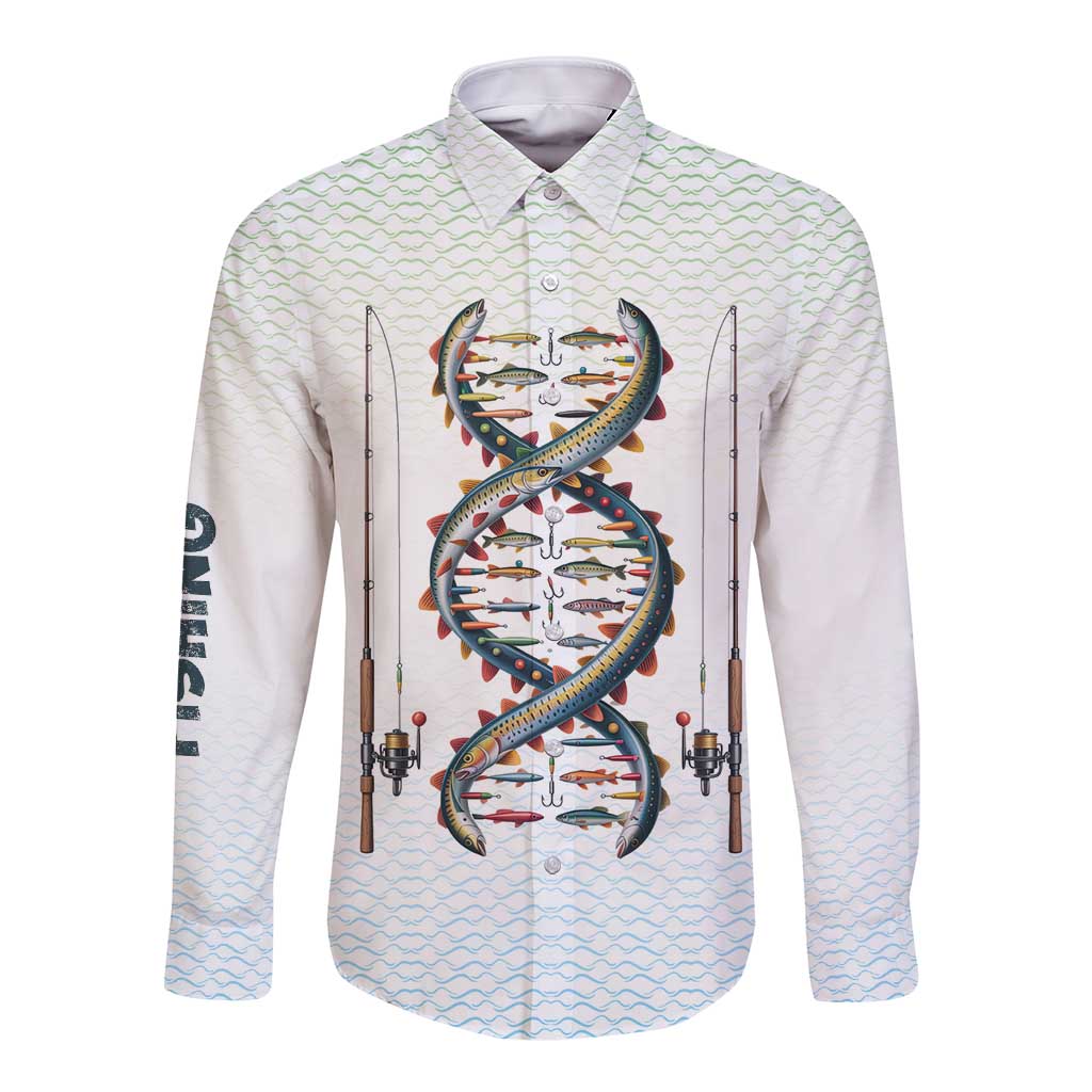 Fishing DNA Long Sleeve Button Shirt Colorful Fish Illustrations on White Scale For Fisherman - Wonder Print Shop