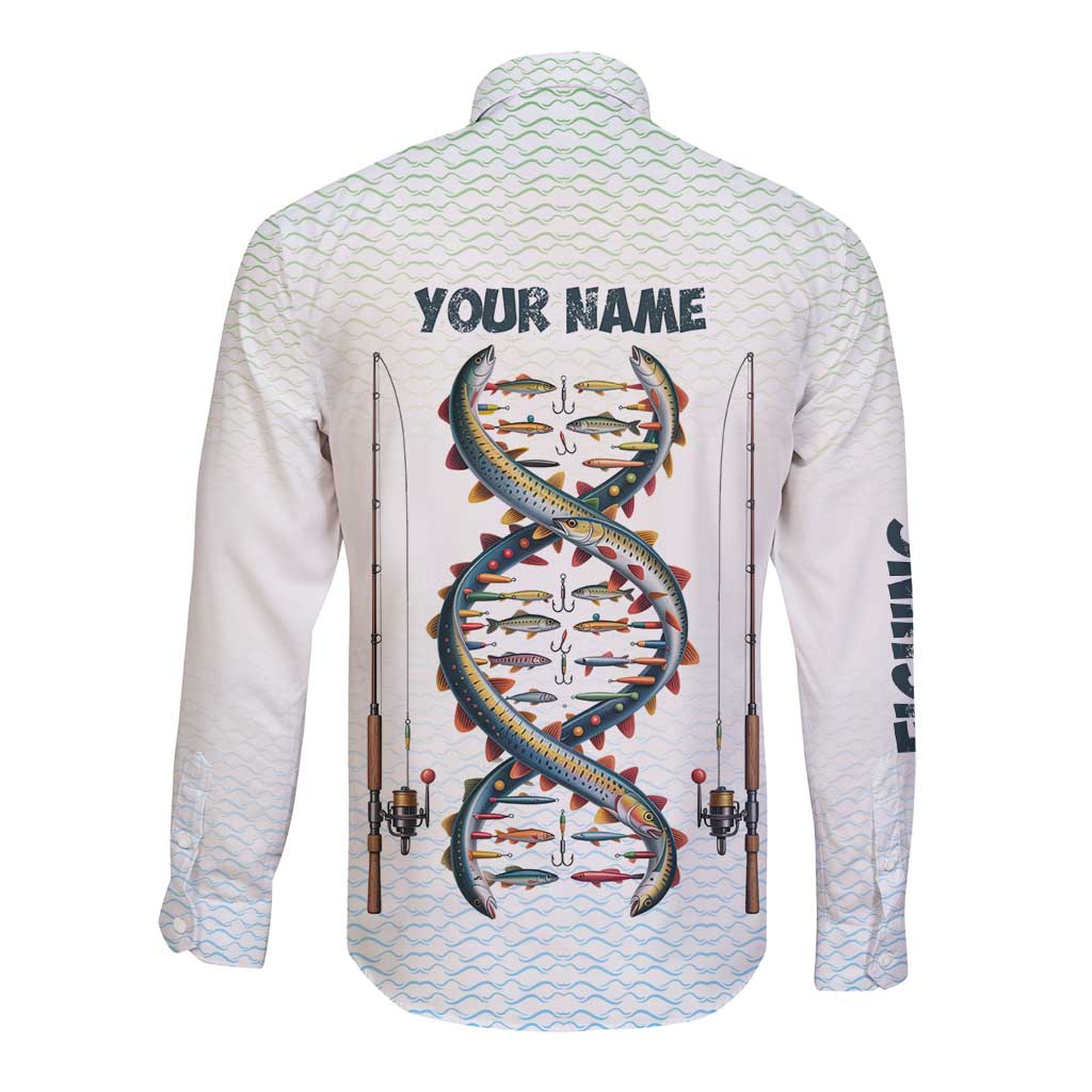 Fishing DNA Long Sleeve Button Shirt Colorful Fish Illustrations on White Scale For Fisherman - Wonder Print Shop