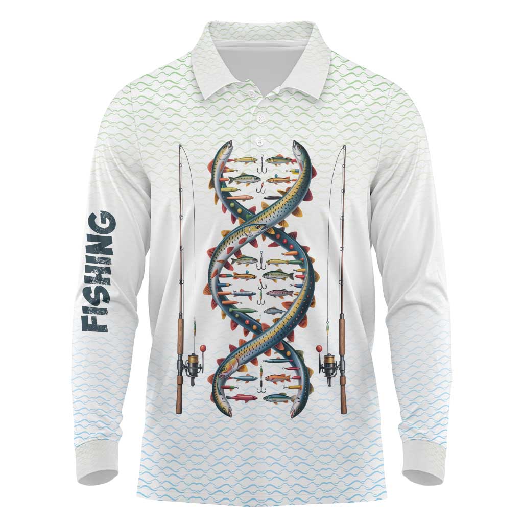 Fishing DNA Long Sleeve Polo Shirt Colorful Fish Illustrations on White Scale For Fisherman - Wonder Print Shop