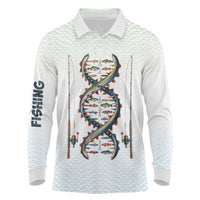 Fishing DNA Long Sleeve Polo Shirt Colorful Fish Illustrations on White Scale For Fisherman - Wonder Print Shop