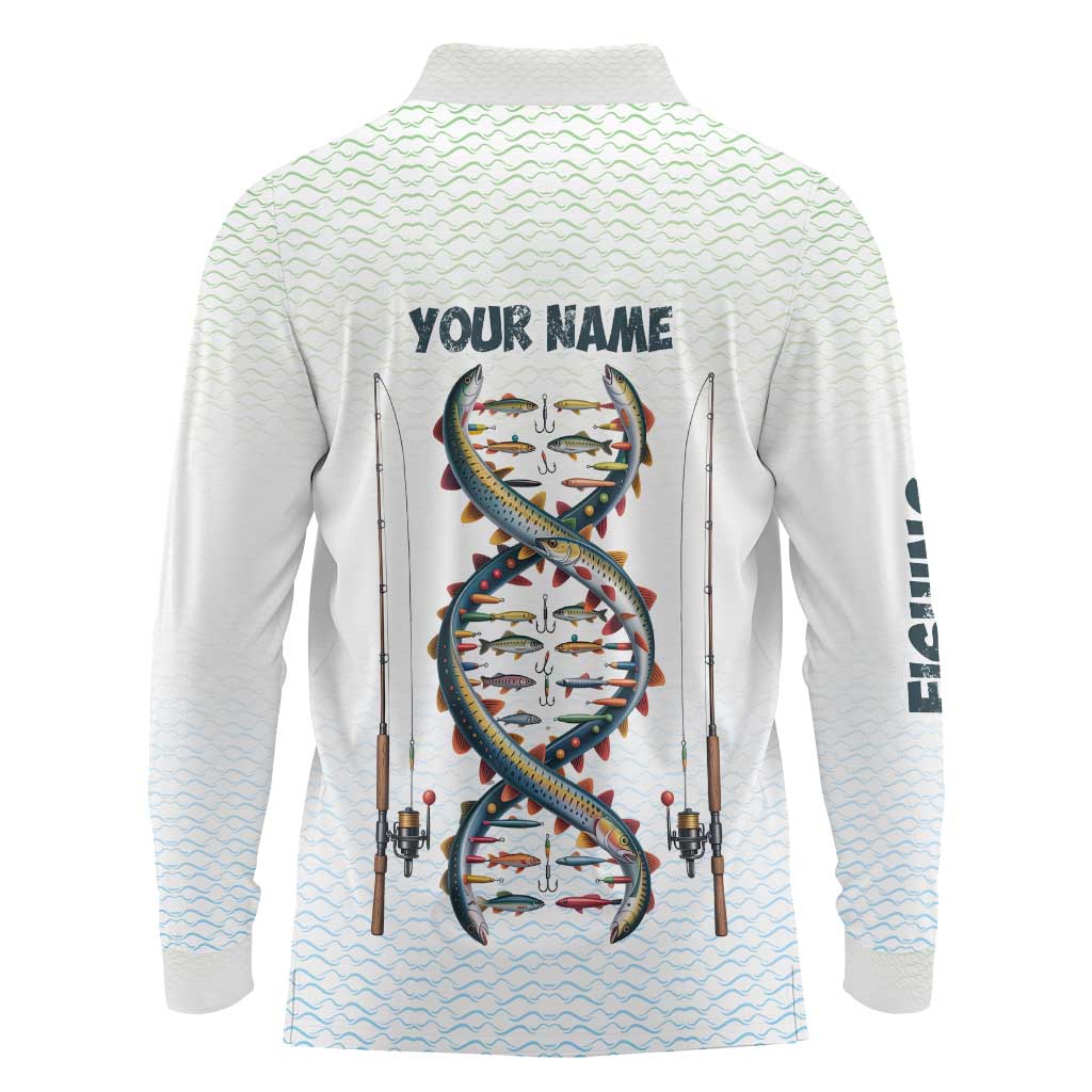 Fishing DNA Long Sleeve Polo Shirt Colorful Fish Illustrations on White Scale For Fisherman - Wonder Print Shop
