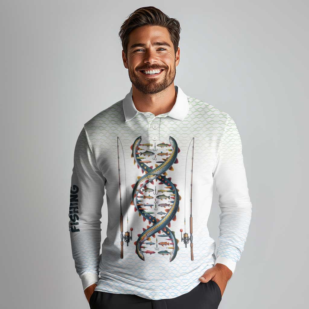 Fishing DNA Long Sleeve Polo Shirt Colorful Fish Illustrations on White Scale For Fisherman - Wonder Print Shop