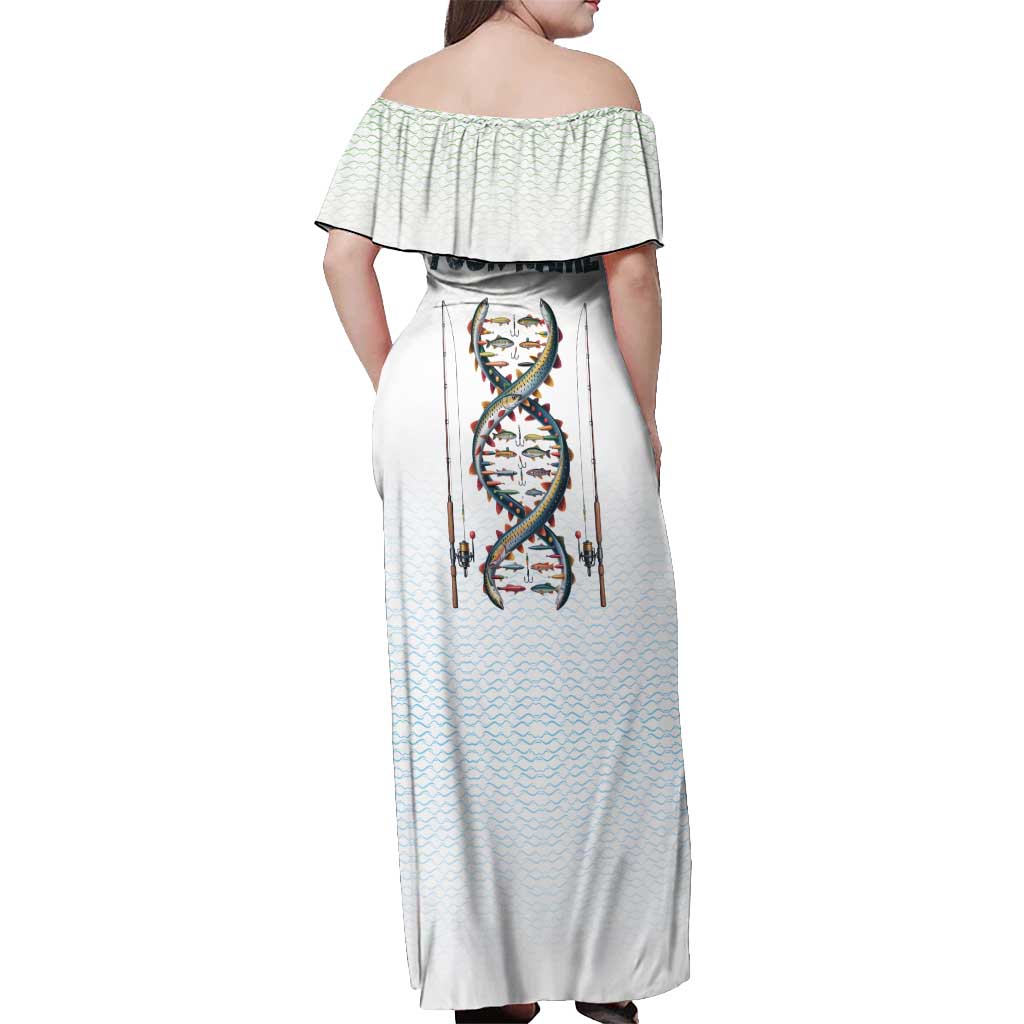 Fishing DNA Off Shoulder Maxi Dress Colorful Fish Illustrations on White Scale For Fisherman - Wonder Print Shop