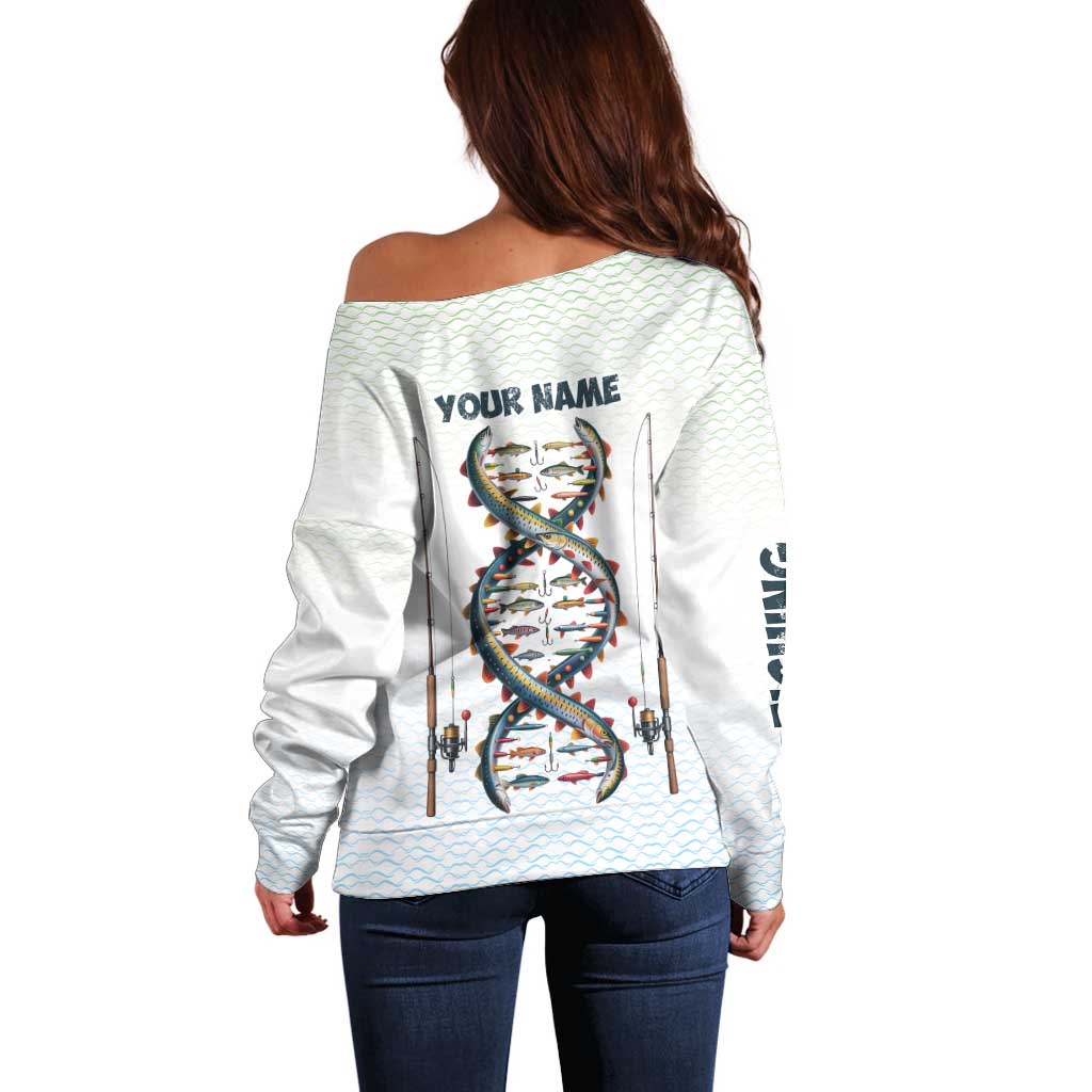 Fishing DNA Off Shoulder Sweater Colorful Fish Illustrations on White Scale For Fisherman - Wonder Print Shop