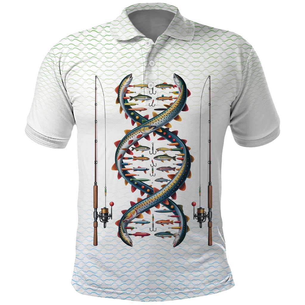 Fishing DNA Polo Shirt Colorful Fish Illustrations on White Scale For Fisherman - Wonder Print Shop