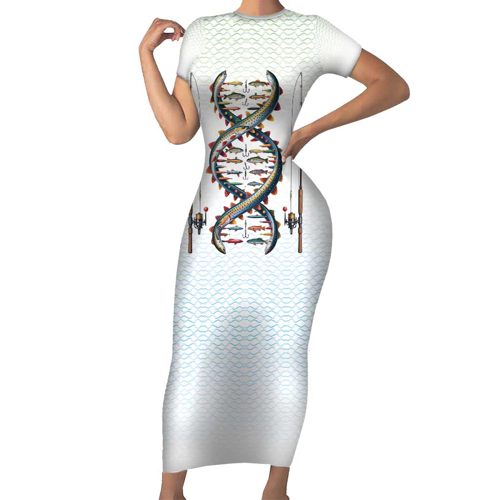 Fishing DNA Short Sleeve Bodycon Dress Colorful Fish Illustrations on White Scale For Fisherman - Wonder Print Shop