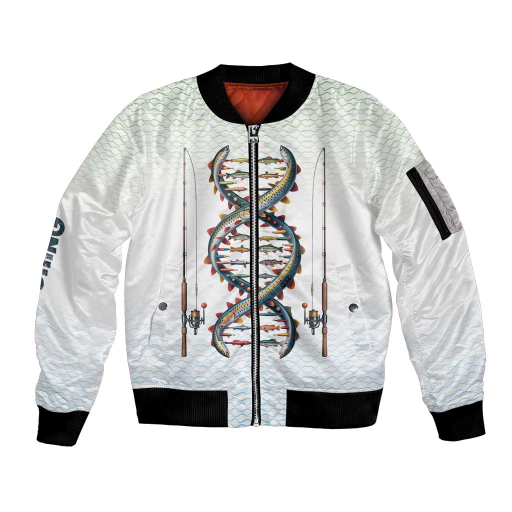Fishing DNA Sleeve Zip Bomber Jacket Colorful Fish Illustrations on White Scale For Fisherman - Wonder Print Shop