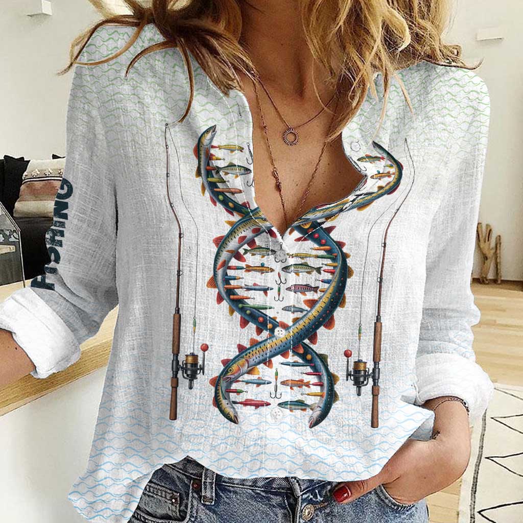 Fishing DNA Women Casual Shirt Colorful Fish Illustrations on White Scale For Fisherman - Wonder Print Shop