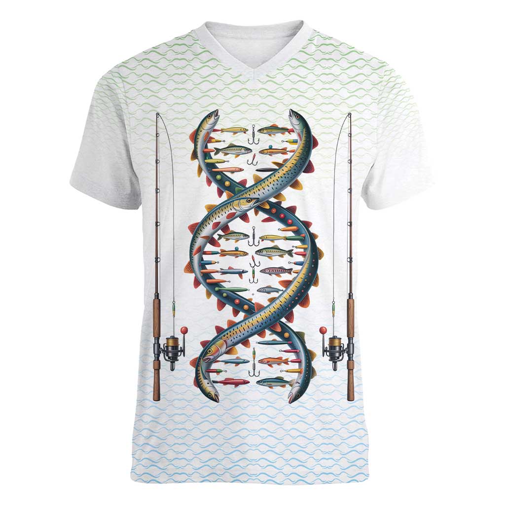 Fishing DNA Women V-Neck T-Shirt Colorful Fish Illustrations on White Scale For Fisherman - Wonder Print Shop