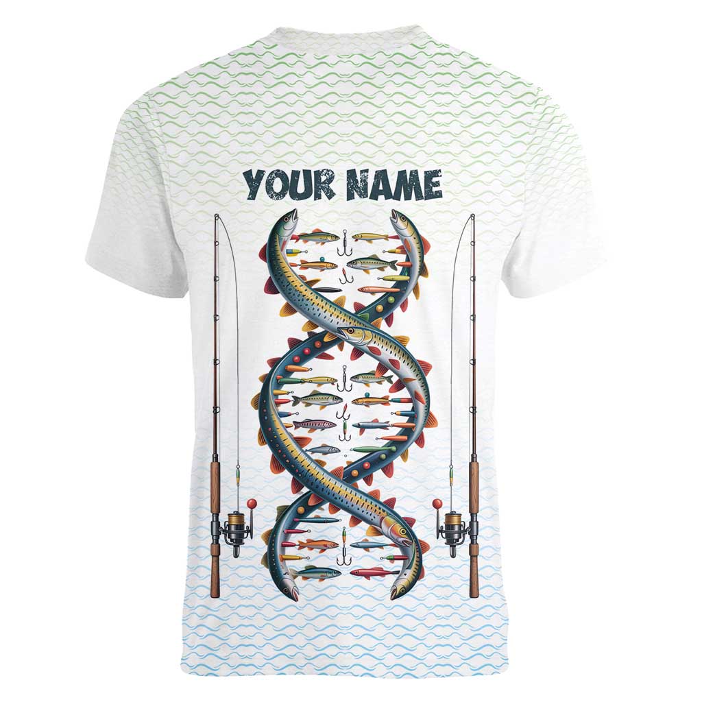 Fishing DNA Women V-Neck T-Shirt Colorful Fish Illustrations on White Scale For Fisherman - Wonder Print Shop