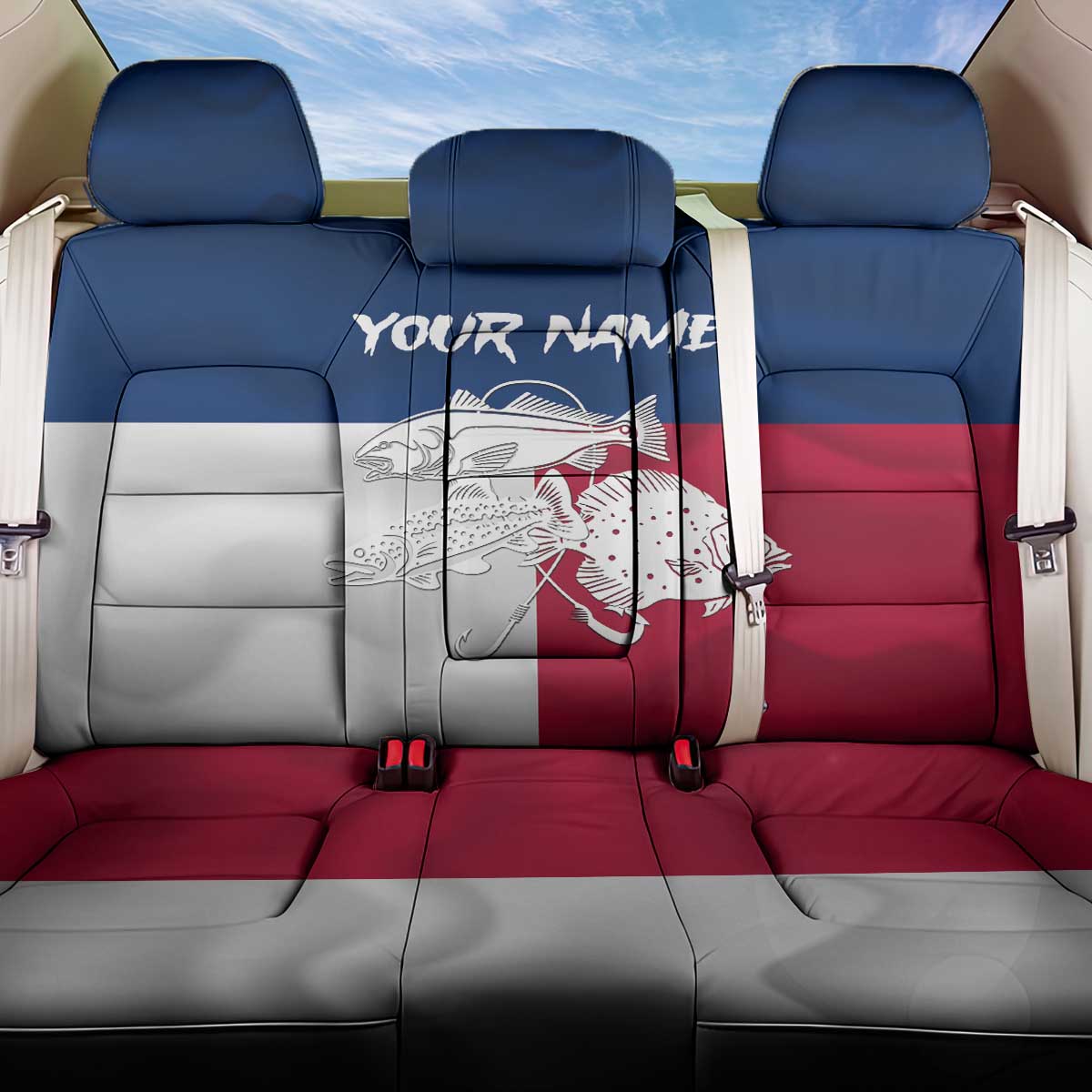 Custom Texas Fishing Back Car Seat Cover Hooked Fish Graphic - Red White and Blue Theme - Wonder Print Shop