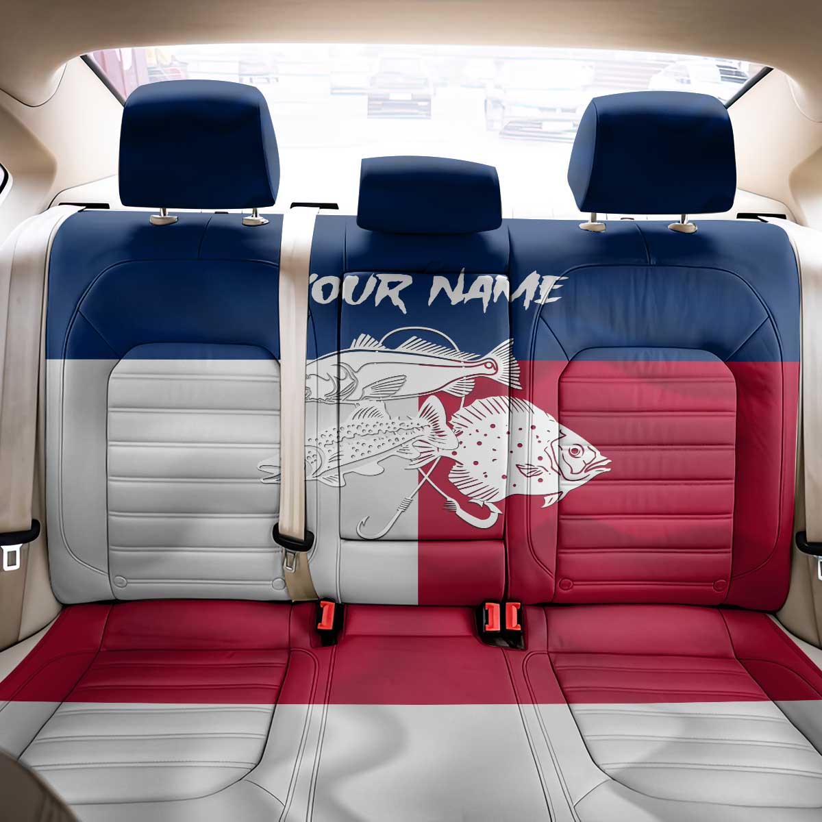 Custom Texas Fishing Back Car Seat Cover Hooked Fish Graphic - Red White and Blue Theme - Wonder Print Shop