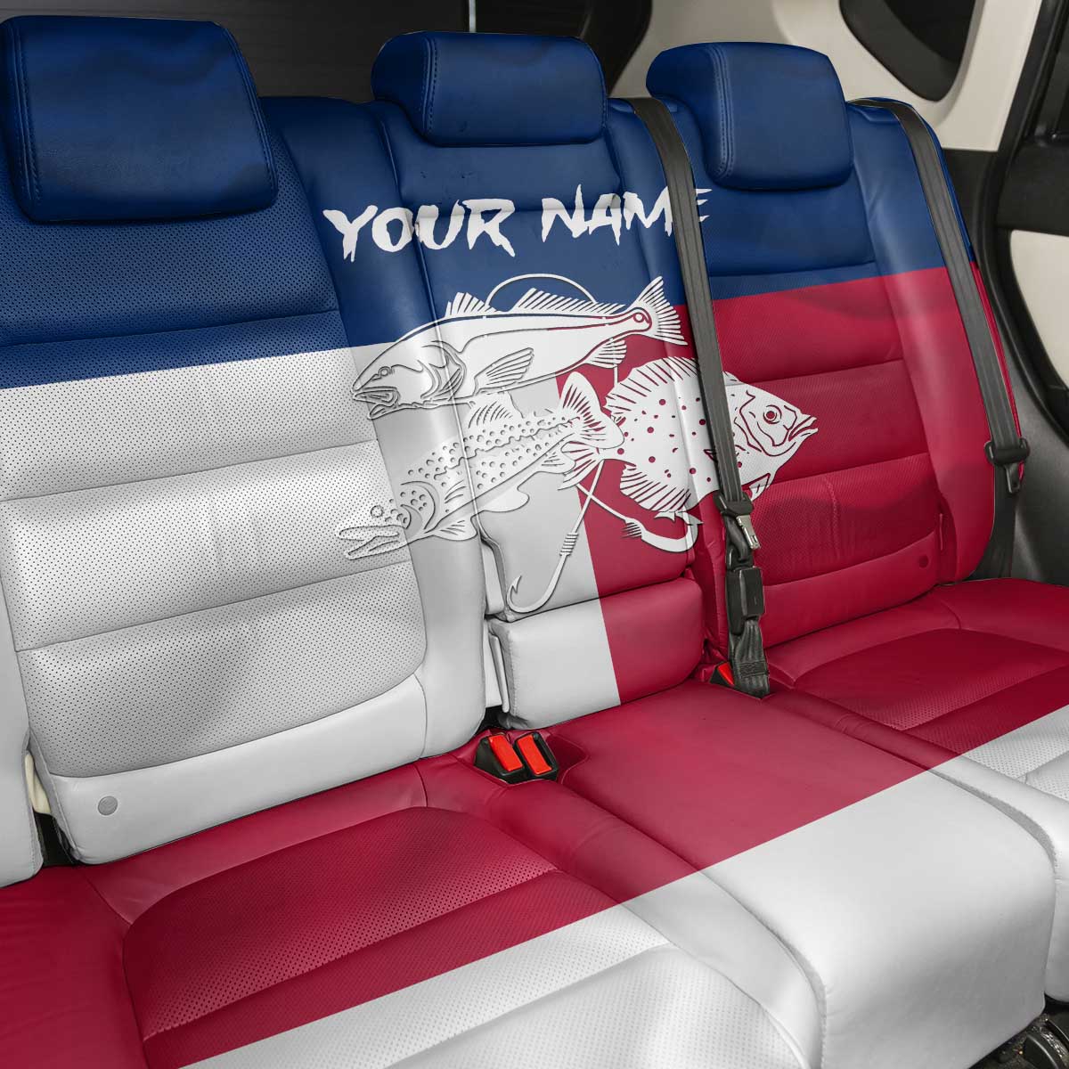 Custom Texas Fishing Back Car Seat Cover Hooked Fish Graphic - Red White and Blue Theme - Wonder Print Shop