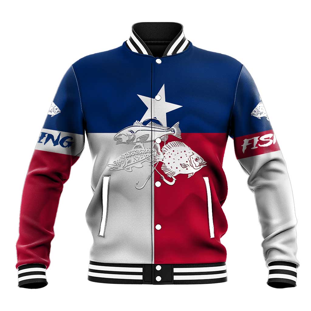 Custom Texas Fishing Baseball Jacket Hooked Fish Graphic - Red White and Blue Theme - Wonder Print Shop