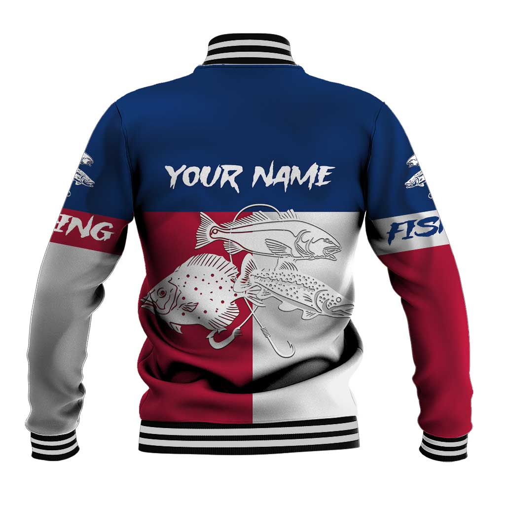 Custom Texas Fishing Baseball Jacket Hooked Fish Graphic - Red White and Blue Theme - Wonder Print Shop