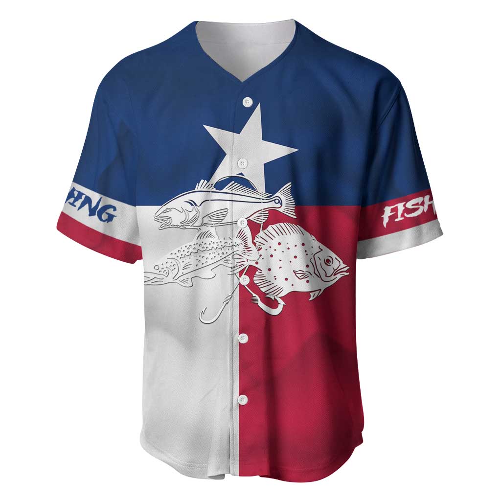 Custom Texas Fishing Baseball Jersey Hooked Fish Graphic - Red White and Blue Theme - Wonder Print Shop