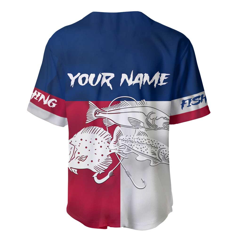 Custom Texas Fishing Baseball Jersey Hooked Fish Graphic - Red White and Blue Theme - Wonder Print Shop