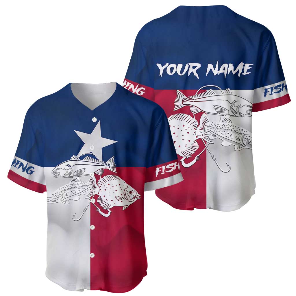 Custom Texas Fishing Baseball Jersey Hooked Fish Graphic - Red White and Blue Theme - Wonder Print Shop