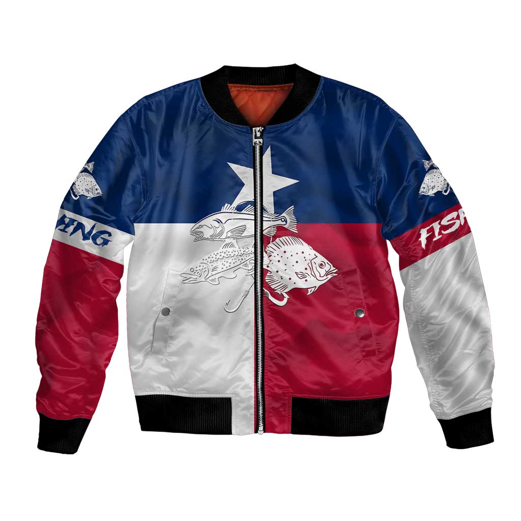 Custom Texas Fishing Bomber Jacket Hooked Fish Graphic - Red White and Blue Theme - Wonder Print Shop