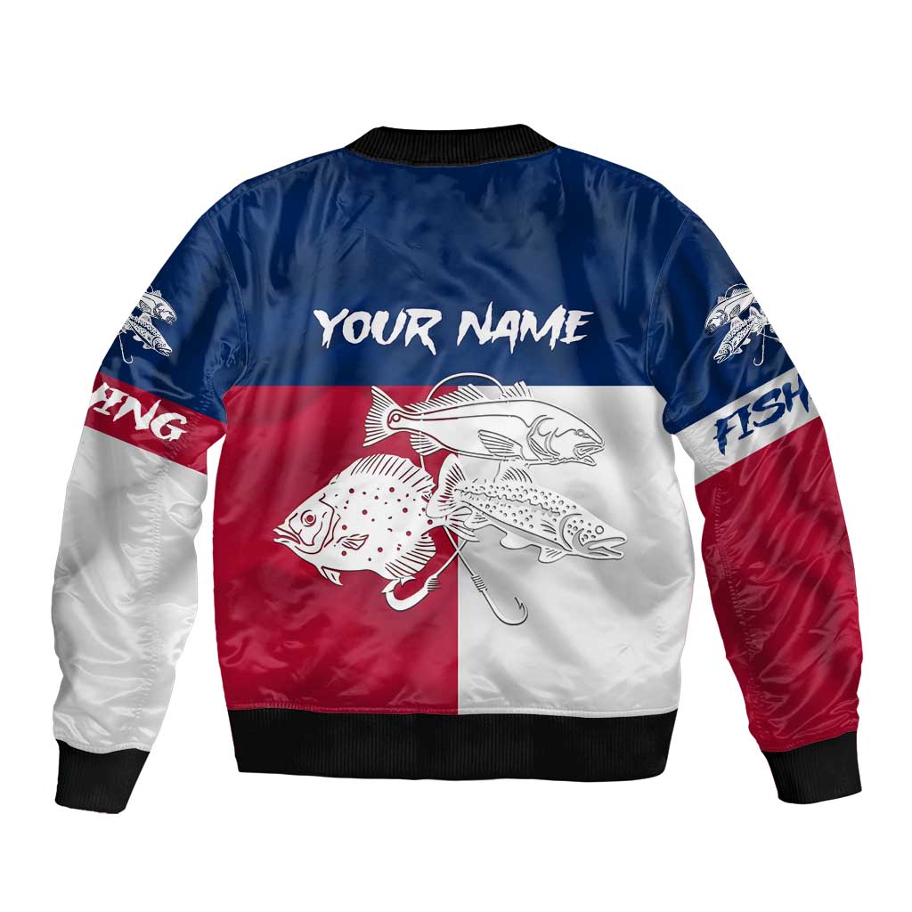 Custom Texas Fishing Bomber Jacket Hooked Fish Graphic - Red White and Blue Theme - Wonder Print Shop