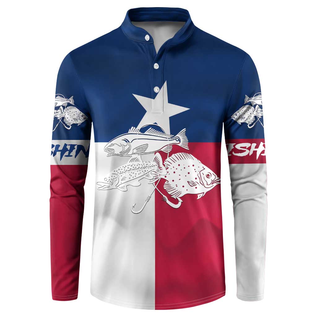 Custom Texas Fishing Button Sweatshirt Hooked Fish Graphic - Red White and Blue Theme - Wonder Print Shop