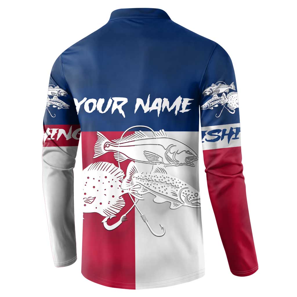 Custom Texas Fishing Button Sweatshirt Hooked Fish Graphic - Red White and Blue Theme - Wonder Print Shop