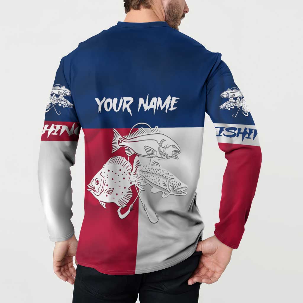 Custom Texas Fishing Button Sweatshirt Hooked Fish Graphic - Red White and Blue Theme - Wonder Print Shop