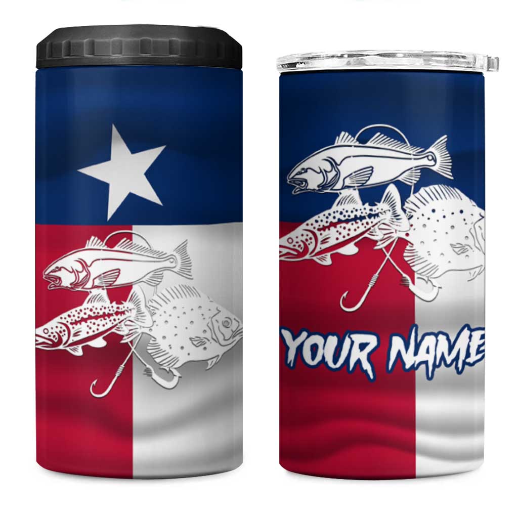 Custom Texas Fishing 4 in 1 Can Cooler Tumbler Hooked Fish Graphic - Red White and Blue Theme - Wonder Print Shop