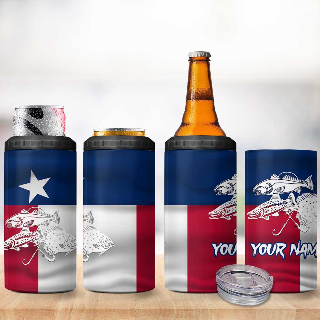 Custom Texas Fishing 4 in 1 Can Cooler Tumbler Hooked Fish Graphic - Red White and Blue Theme - Wonder Print Shop