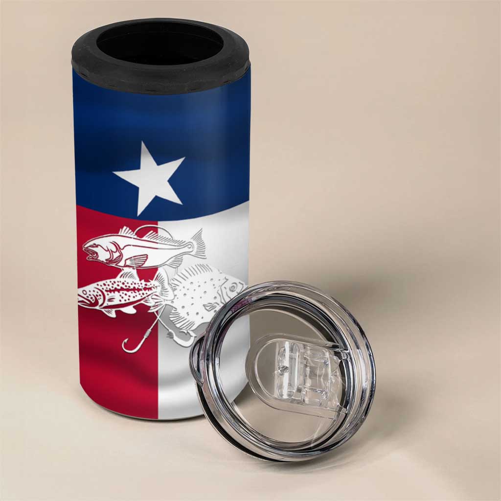 Custom Texas Fishing 4 in 1 Can Cooler Tumbler Hooked Fish Graphic - Red White and Blue Theme - Wonder Print Shop