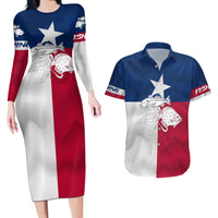 Custom Texas Fishing Couples Matching Long Sleeve Bodycon Dress and Hawaiian Shirt Hooked Fish Graphic - Red White and Blue Theme - Wonder Print Shop
