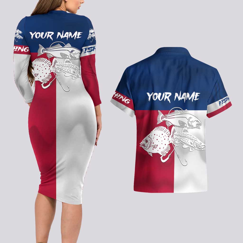 Custom Texas Fishing Couples Matching Long Sleeve Bodycon Dress and Hawaiian Shirt Hooked Fish Graphic - Red White and Blue Theme - Wonder Print Shop