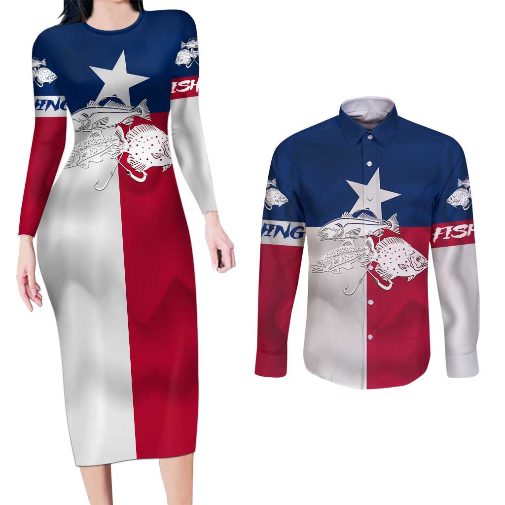 Custom Texas Fishing Couples Matching Long Sleeve Bodycon Dress and Long Sleeve Button Shirt Hooked Fish Graphic - Red White and Blue Theme - Wonder Print Shop